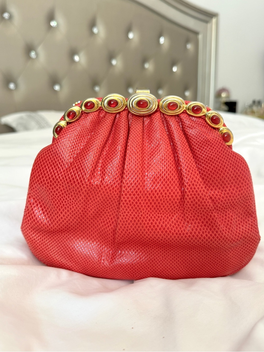 Vintage Judith Leiber Red Lizard Evening Bag with Cabochon Frame, circa 1980s